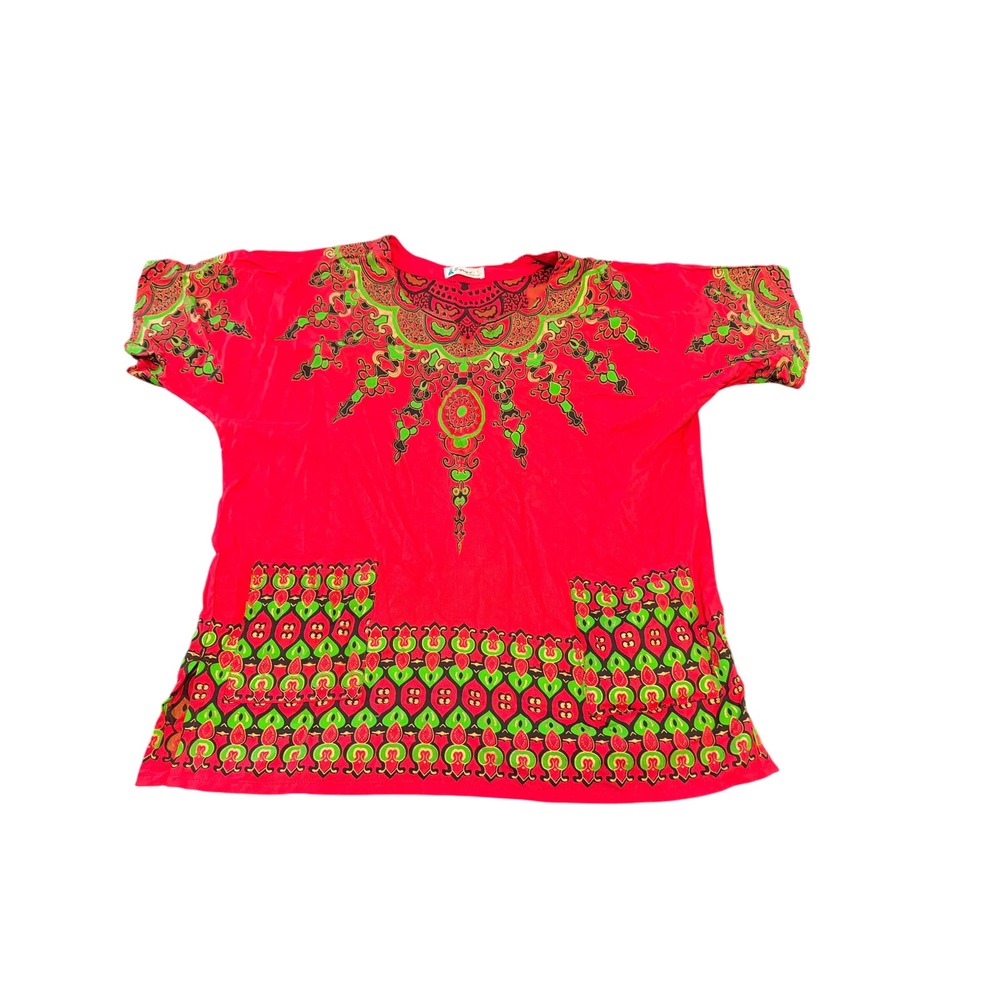 Lapogee Red Dashiki Tunic Top Green Geometric Print Boho Scrub Short Sleeve L